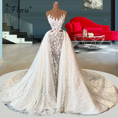 Роскошные свадебные платья Дубай с жемчугом и съемным шлейфом, Аппликация  из бисера, 3D цветочное свадебное платье без бретелей De Mariee | AliExpress