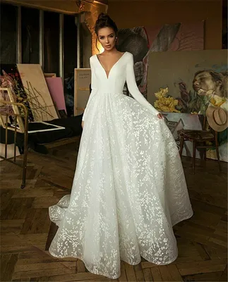 Lace Wedding Dresses Long Sleeve V-neck Bridal Gowns Satin Backless White  New | eBay