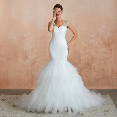 Реальные изображения Свадебные платья русалки с V-образным вырезом  блестками с рукавами-крылышками женское белое свадебное платье - купить по  выгодной цене | AliExpress
