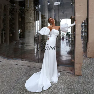 Простые Свадебные платья с пышными рукавами, атласное платье в пол, женское  плиссированное платье с открытой спиной, арт 1005004357499900, цена 79 р.,  фото и отзывы | kazahproduct.ru