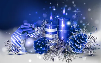 Обои на рабочий стол Новогодняя декорация, свечи, голубые шишки и мишура,  обои для рабочего стола, скачать обои, обои бесплатно