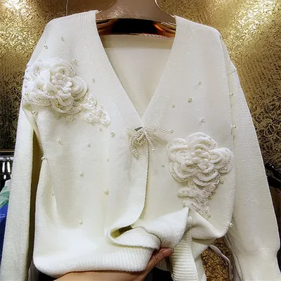 Роскошный осенний утолщенный женский свитер с бусинами и жемчужинами,  Женская трехмерная большая промышленная верхняя одежда с большими цветами |  AliExpress