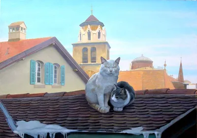 Фото Кот и кошка сидят на крыше, края крыши в сосульках, на фоне церкви,  художница Татьяна Доронина