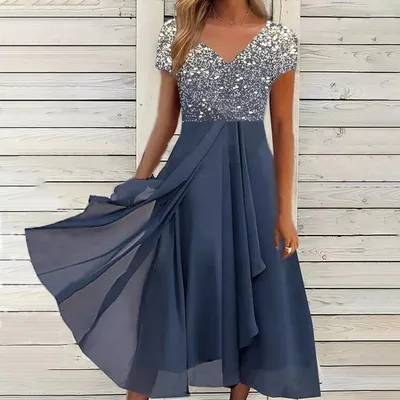 Купить Женское вечернее платье с v-образным вырезом и коротким рукавом,  элегантное коктейльное свободное платье с цветными блоками, летние вечерние  платья миди с принтом | Joom