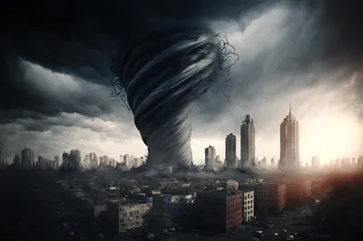 Большой торнадо разрушает город | Премиум Фото