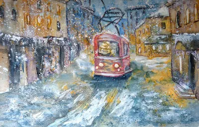 Картина. Зимний пейзаж. Ночной трамвай – заказать на Ярмарке Мастеров –  N6J1OBY | Картины, Москва