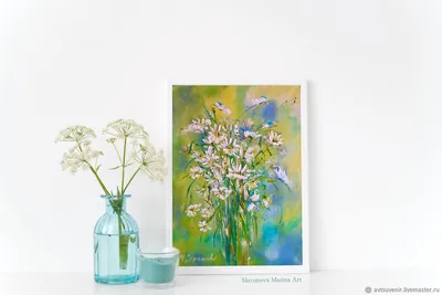Картина с маленькими белыми ромашками. Букет цветочков на холсте – купить  на Ярмарке Мастеров – PB2DURU | Картины, Москва