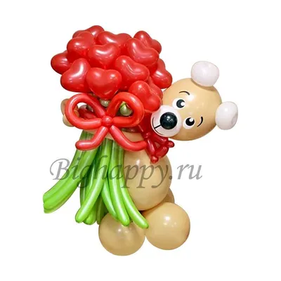 Купить мишку из шаров с букетом из 15 цветочков с сердечками с доставкой по  Москве: цена, фото, описание