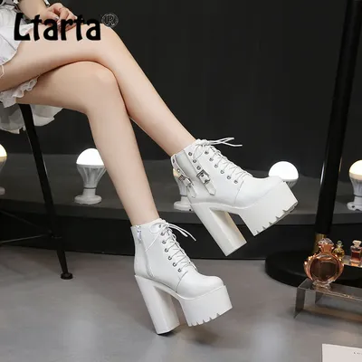 Белые туфли на очень высоком каблуке 14 см, водонепроницаемые туфли на  плоской платформе с кружевом, женские ботильоны на грубом каблуке, женская  обувь | AliExpress