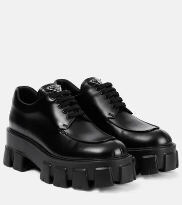 Black Monolith Brushed Leather Lace-up Shoes | PRADA