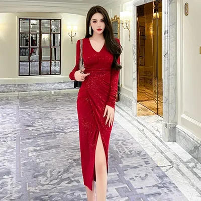 Соблазнительное элегантное красное платье, новинка весны 2023, женская  одежда, дизайнерское вечернее платье с глубоким V-образным вырезом, 9573 |  AliExpress