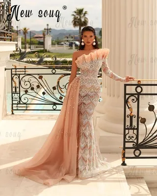 Женское платье с жемчугом и боковым шлейфом, элегантное вечернее платье  цвета шампанского с открытым плечом, 2023 | AliExpress