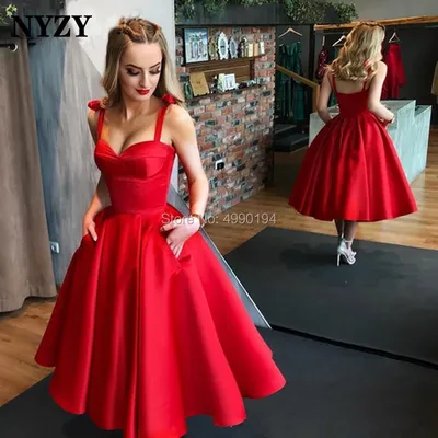 Винтажное Атласное Бальное Платье NYZY C140 в стиле 50-60-х годов, красное вечернее  платье длиной ниже колена, с бантом на бретелях, с карманами, коктейльное  платье для вечерние, 2019 | AliExpress
