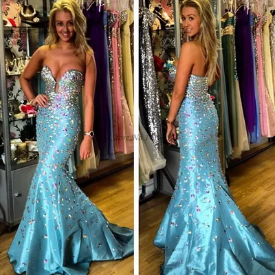 Женское вечернее платье-русалка, длинное бирюзовое платье для выпускного  вечера с роскошными кристаллами | AliExpress