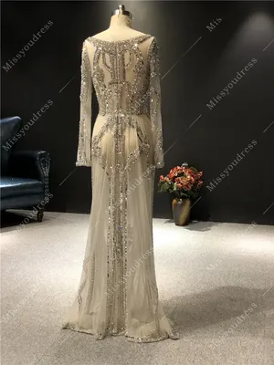 Eliesaab Silver вечерние платья 100% Real Pictures Heavy Beads Long Sleeves  O-neck Floor-Length Prom Party Evening Dresses