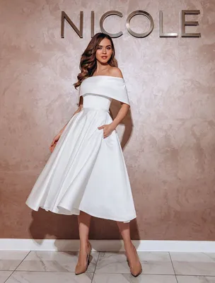 Атласное свадебное платье ниже колена купить в Москве