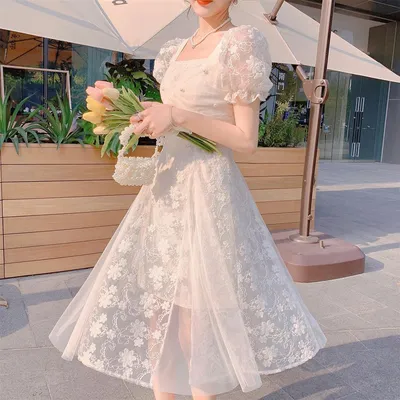 Купить Элегантные французские платья-миди с коротким рукавом, женские милые  винтажные платья с цветочным дизайном, вечернее платье в корейском стиле,  женское 2021 | Joom