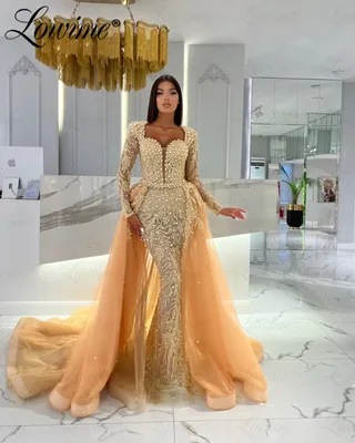 Золотые платья Aso Ebi, блестящие вечерние платья с жемчугом, свадебные  платья на второй день рождения, арабское Дубае, вечернее платье с длинным  рукавом 2023 | AliExpress