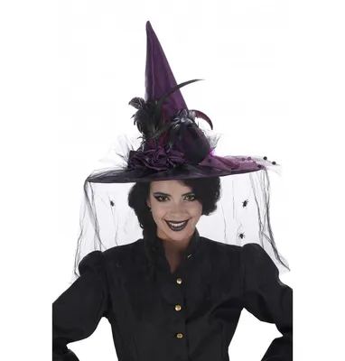 Шляпа ведьмы с вуалью и перьями|partyinbox.lv