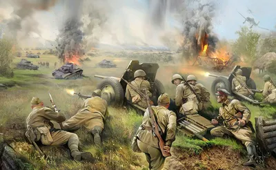 Фото Военные действия - ожесточенный бой во время Великой Отечественной  войны, на переднем плане солдаты Красной Армии у орудий