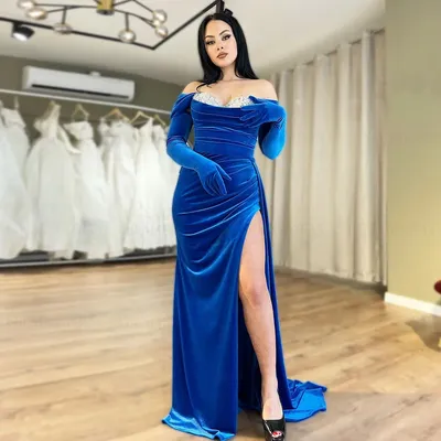 Синие велюровые платья для выпускного вечера 2023, женские элегантные  длинные вечерние платья с открытыми плечами и перчатками, сексуальное  официальное платье с разрезом | AliExpress