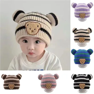 Шерстяная вязаная шапка с медведем, однотонные детские вязаные шапки, милая  детская шапочка для новорожденных – лучшие товары в онлайн-магазине Джум Гик