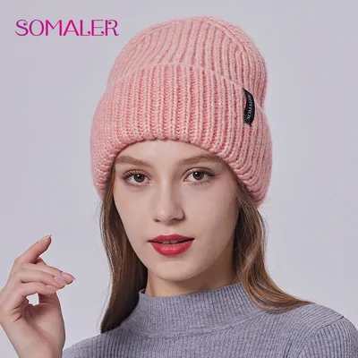 Купить SOMALER шерстяная вязаная шапка для женщин, зимние шапки грубой  вязки с черным логотипом на манжетах, шапка-бини, эластичные лыжные шапки |  Joom