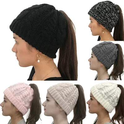 Зимние вязаные шапки, зимняя женская шапка, Женская эластичная вязаная шапка  для девушек, пучок волос, бини для конского хвоста, теплые шапки, шапки |  AliExpress
