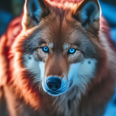 Обложка на паспорт комбинированная\"Волк с голубыми глазами\", рыжая, черная  вставка