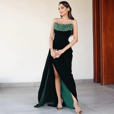 Темно-зеленые вечерние платья 2023, женские длинные платья для выпускного  вечера без бретелек с блестками, сексуальное элегантное официальное платье  с Боковым Разрезом и юбкой-годе на молнии | AliExpress