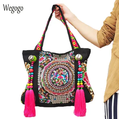 Винтажные женские сумочки, Этнические вышитые сумки, Китайская национальная  сумка на плечо с кисточками и бусинами, женские большие дорожные пляжные  тоуты для покупок | AliExpress