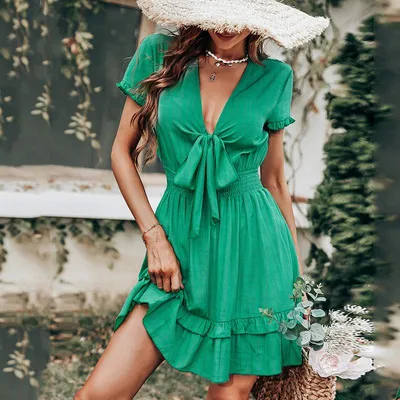 Весенне-летнее женское зеленое короткое платье с v-образным вырезом и  глубоким вырезом и бантом, короткими рукавами и высокой талией, S-XL –  лучшие товары в онлайн-магазине Джум Гик