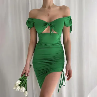 Женское летнее облегающее платье, зеленое платье с пышными рукавами и  открытыми плечами, платье для вечерние ринки, клуба, дня рождения, свадьбы,  ночное платье, сексуальное платье | AliExpress