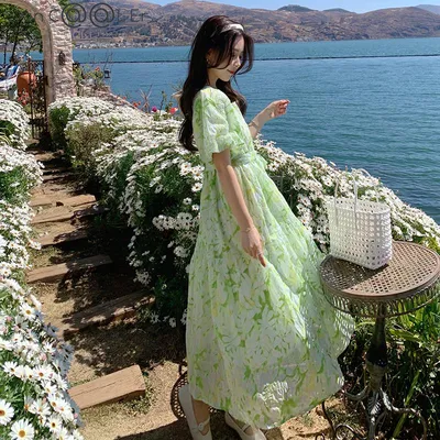 Купить Летнее свежее зеленое платье с цветочным принтом и свободной талией,  женское платье с пышными рукавами, большой размер 4xl, повседневная одежда  на шнуровке | Joom