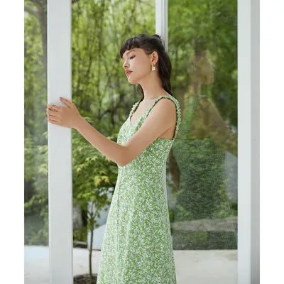 ZIQIAO, повседневное летнее платье 2021, зеленое женское платье из 100%  хлопка, французская длинная юбка А-силуэта, женское платье зеленого цвета |  AliExpress