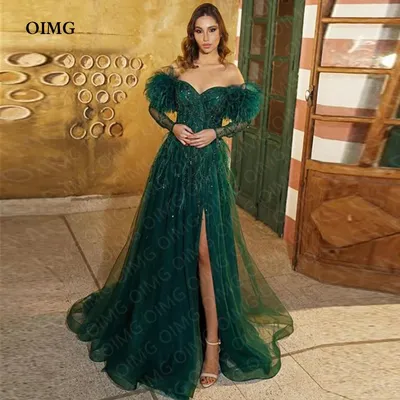Зеленые длинные трапециевидные платья OIMG с перьями для официального  мероприятия вечеринки фатиновые блестящие бриллиантовые Платья С Боковым  Разрезом для ночного клуба платья | AliExpress