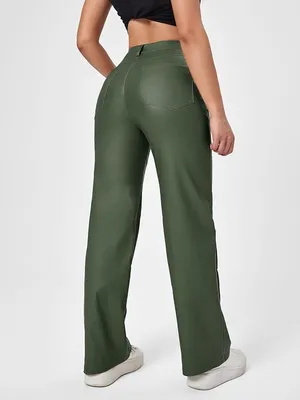 MakeMeChic Women's High Waist Pockets Straight Leg Jeans Leather Look Pants  Army Green XS at Amazon Women's Jeans store