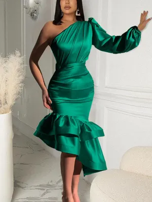Купить Зеленые платья на одно плечо, блестящие элегантные женские  облегающие платья с длинными рукавами, нерегулярное атласное платье,  женская вечерняя вечеринка | Joom