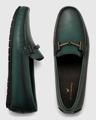 Leather Casual Dark Green Solid Loafers Shoes - Qanali