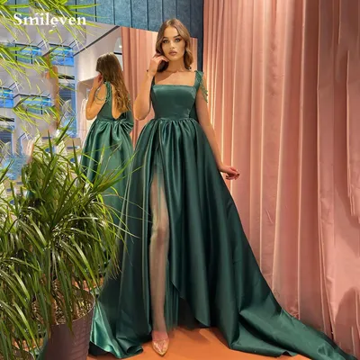 ₪468-Smileven Зеленые вечерние платья с квадратным вырезом А-силуэта с  разрезом по бокам Вечерние платья для торжественных случаев Пл-Description