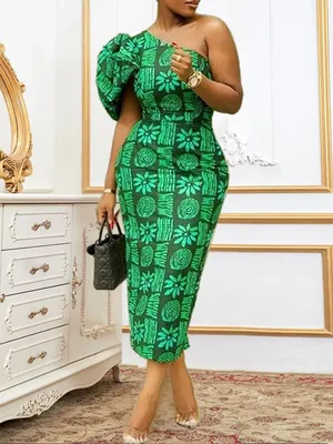 Купить AOMEI зеленые платья с принтом для женщин, облегающее платье на одно  плечо с высокой талией, африканские танцевальные вечерние платья для  свиданий, женские платья большого размера | Joom