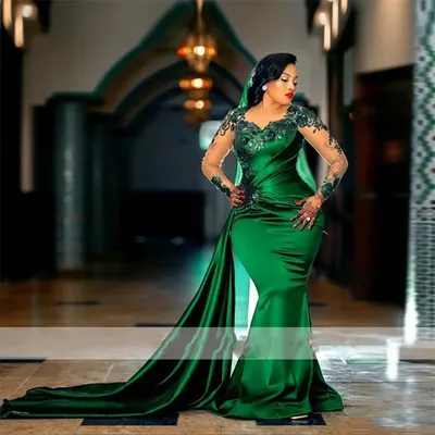 Женское вечернее платье с длинным рукавом, изумрудно зеленое атласное  длинное платье русалки для выпускного вечера, Араб… | Вечерние платья,  Платья, Атласные платья