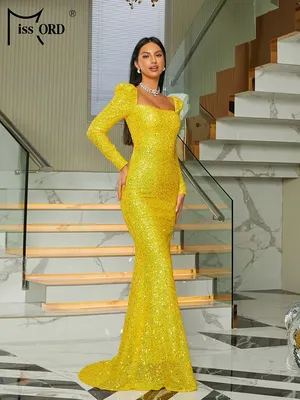 Женское длинное платье с лямкой на шее, желтое вечернее платье с бусинами и  высоким разрезом, платье в стиле русалки для выпускного вечера, весна-лето  2024 | AliExpress