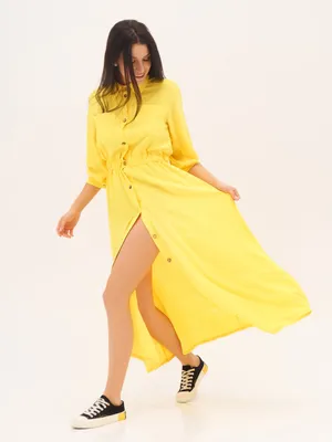 Желтое длинное платье на запах с воланами на рукаве. Купить в Киеве со  скидкой 12% • Интернет-магазин Onlady