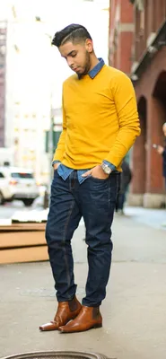 17 Dapper Ways to Style Mustard Outfits This Season | Yellow sweater mens,  Sweater outfits men, Yellow sweatshirt outfit