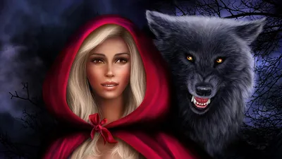 Картинка девушка волк Блондинка Little Red Riding Hood Фэнтези