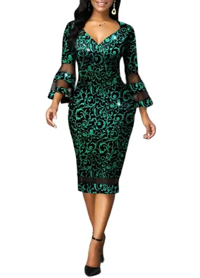 Женские деловые платья с цветочным принтом, Сетчатое лоскутное платье миди  с расклешенным рукавом, платья с расклешенным рукавом и V-образным вырезом,  элегантные модные платья 2022 | AliExpress
