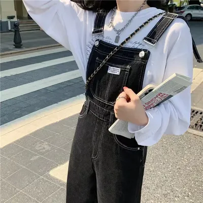 Женский джинсовый комбинезон, черный комбинезон с прямыми лямками в  корейском уличном стиле ретро, весенние женские джинсовые комбинезоны с  высокой талией, 2022 | AliExpress