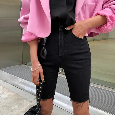 Женские джинсовые шорты до колен, эластичные байкерские шорты с высокой  талией и эффектом пуш-ап, черная уличная одежда 2019-59 для лета, 0610 |  AliExpress