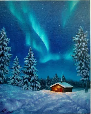 Картина маслом Зимний пейзаж.Ночь,зима,снег,луна,северное сияние – заказать  на Ярмарке Мастеров – PM30MRU | Картины, Мурманск